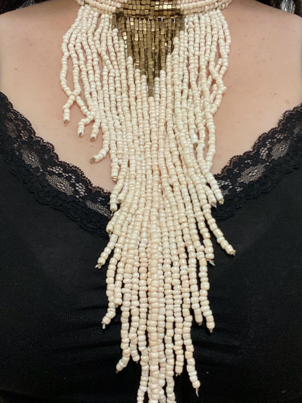 Beaded Fringe Statement Necklace in Cream and Gold - Women Jewelry
